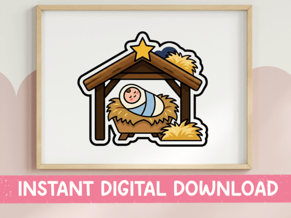 Nativity Scene Baby in Manger Sticker: A Kawaii Design Asset for Christmas Projects